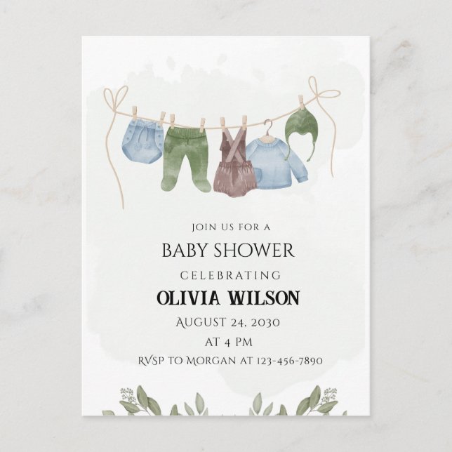 Tarjeta postal de baby shower verde beige pastel (Anverso)