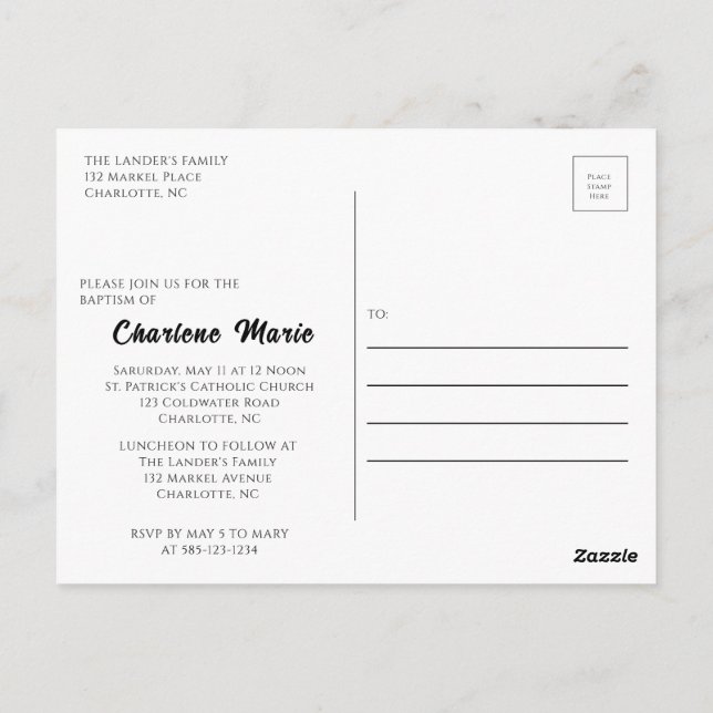 Tarjeta postal de bautismo para la celebración del (Reverso)