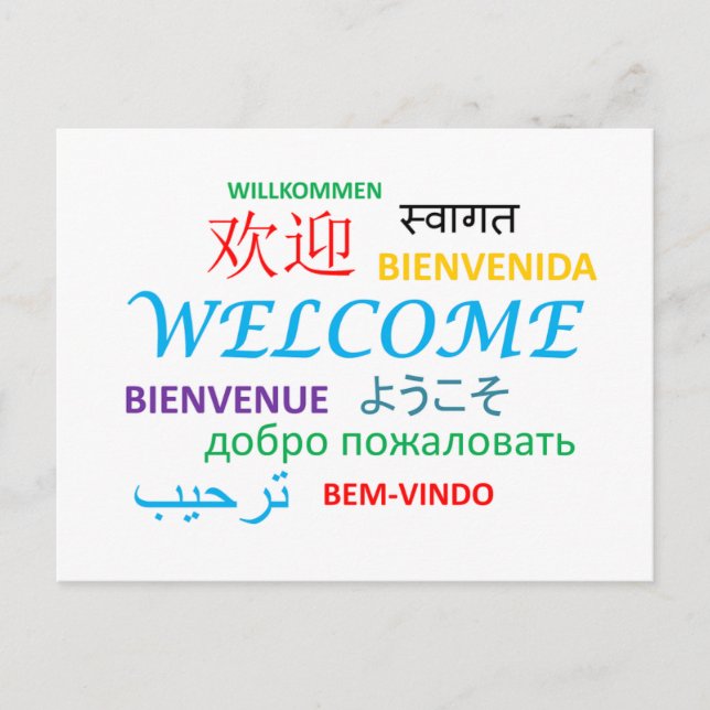 TARJETA POSTAL DE BIENVENIDA IDIOMAS SALUDOS COLOR (Anverso)