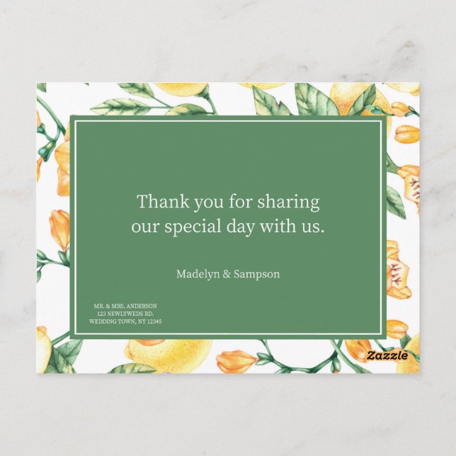 tarjeta postal de boda amarilla de jardín de limón (Reverso)