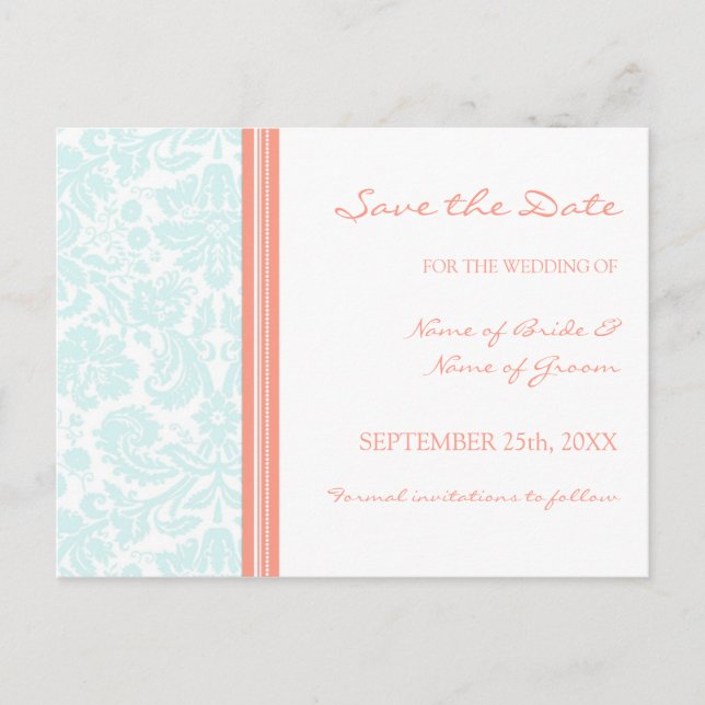 Tarjeta postal de boda Aqua Coral Damask Save the  (Anverso)