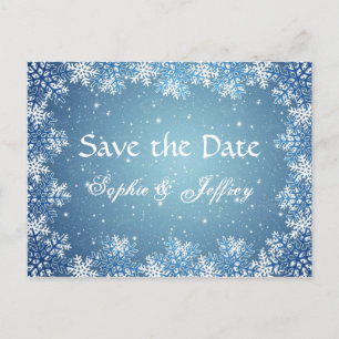 Tarjeta postal de boda azul con copos de nieve par