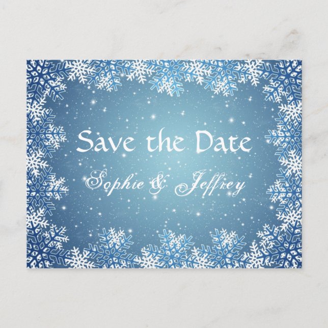 Tarjeta postal de boda azul con copos de nieve par (Anverso)
