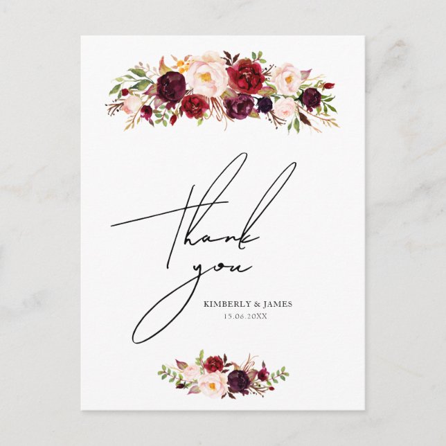 tarjeta postal de boda con flores de tono burdeos  (Anverso)