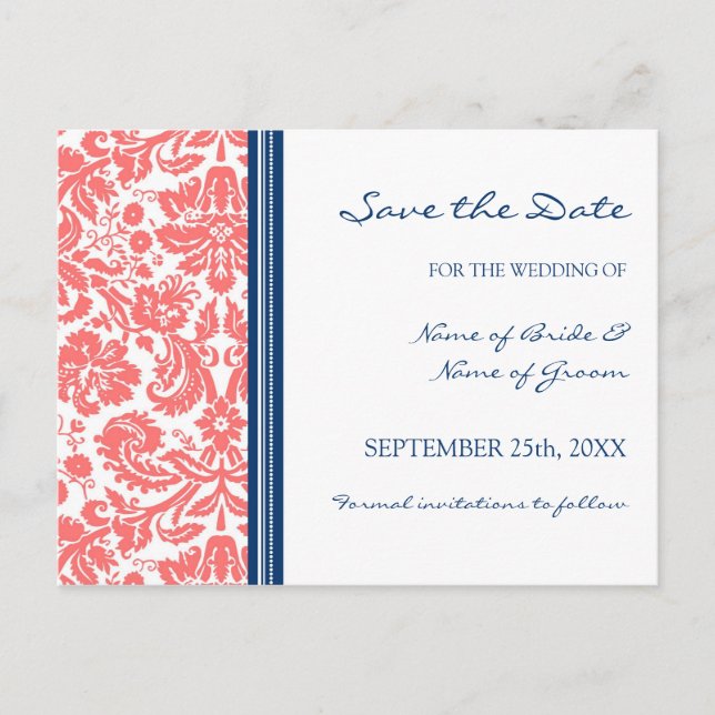 Tarjeta postal de boda de damasco azul coral para  (Anverso)