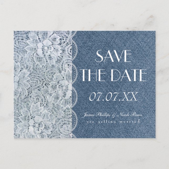 Tarjeta postal de boda de Denim & Lace Rustic Save (Anverso)