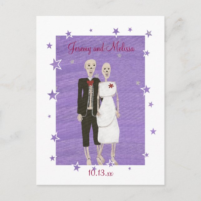Tarjeta postal de boda de esqueletos de Halloween  (Anverso)