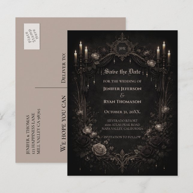 Tarjeta postal de boda de Halloween gótica para gu (Anverso / Reverso)