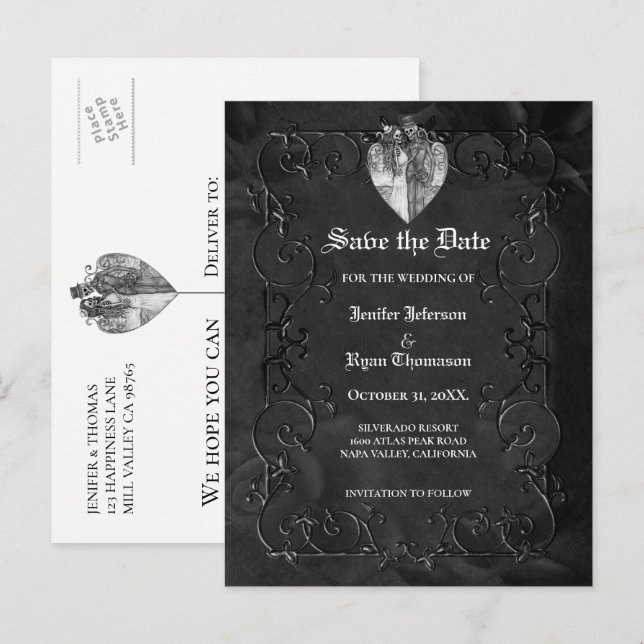 Tarjeta postal de boda de Halloween gótica para gu (Anverso / Reverso)
