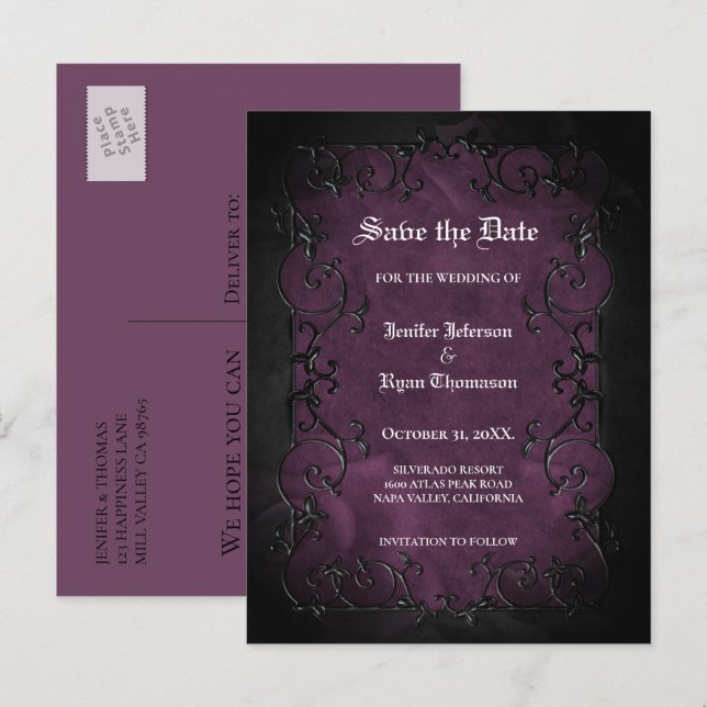 Tarjeta postal de boda de Halloween gótica para gu (Anverso / Reverso)