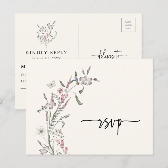 Tarjeta postal de boda de respuesta floral (Anverso / Reverso)