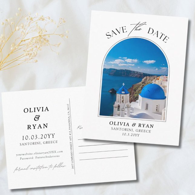 Tarjeta postal de boda de Santorini Save the Date (Subido por el creador)
