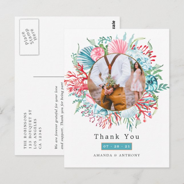 Tarjeta postal de boda de verano en la playa con t (Anverso / Reverso)