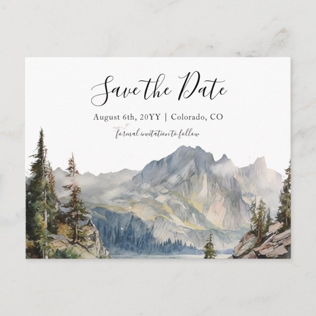 Tarjeta postal de boda en la montaña junto al lago (Anverso)