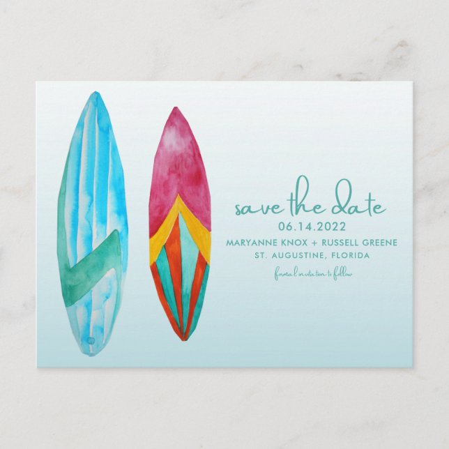 Tarjeta postal de boda en la playa para surfistas, (Anverso)