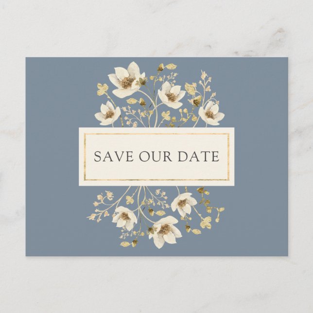 Tarjeta postal de boda floral azul polvoriento par (Anverso)