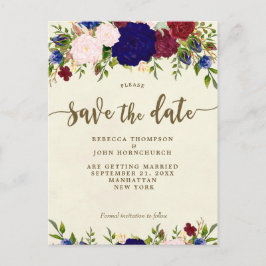 tarjeta postal de boda floral de marfil y azul mar