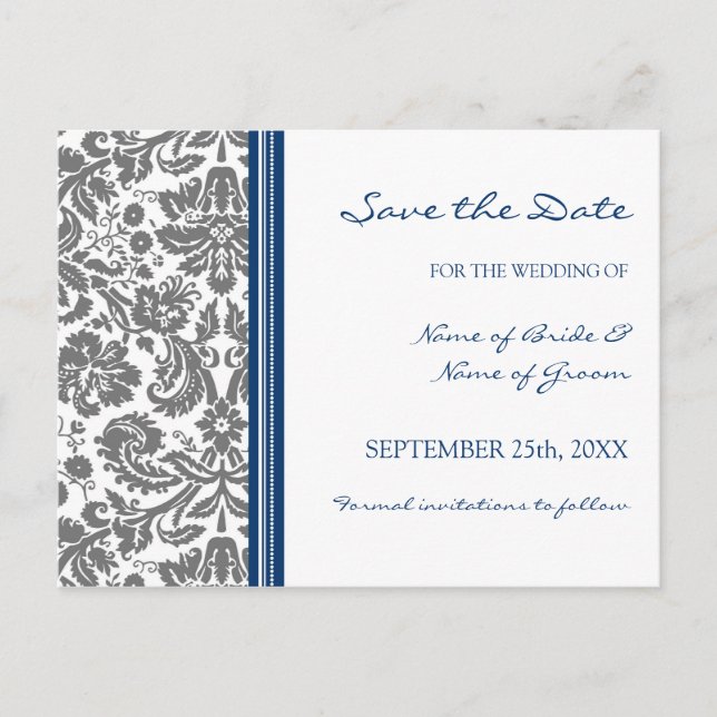 Tarjeta postal de boda Grey Blue Damask Save the D (Anverso)