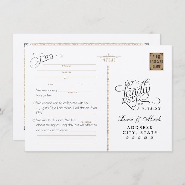 Tarjeta postal de boda RSVP Starry Night Adlibs (Anverso / Reverso)
