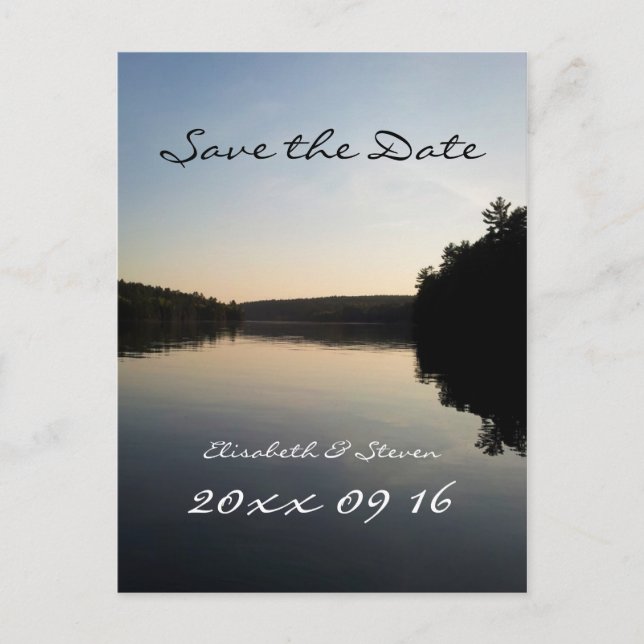 Tarjeta Postal de Boda Save the Date Lago al Atard (Anverso)