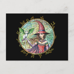 Tarjeta Postal de Bruja de Halloween con Gato Blan