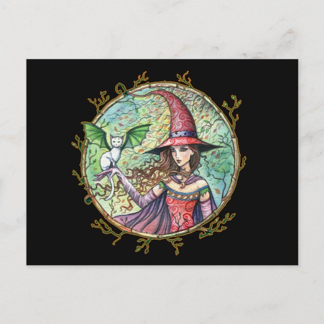 Tarjeta Postal de Bruja de Halloween con Gato Blan (Anverso)