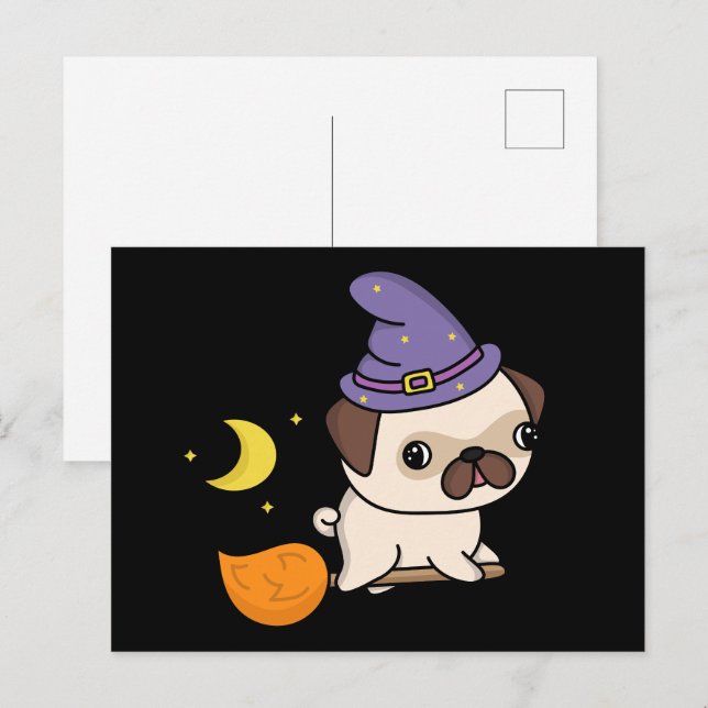 Tarjeta postal de bruja pug (Anverso / Reverso)