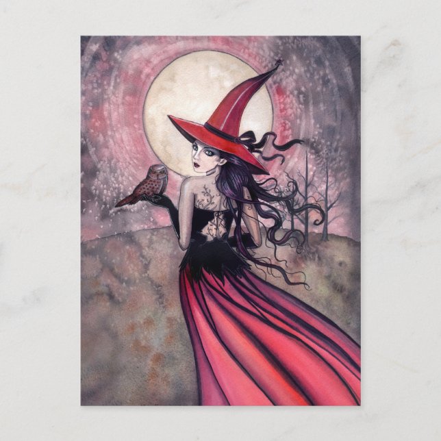 Tarjeta postal de bruja y búho (Anverso)