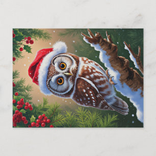 Tarjeta postal de búho con sombrero de Santa