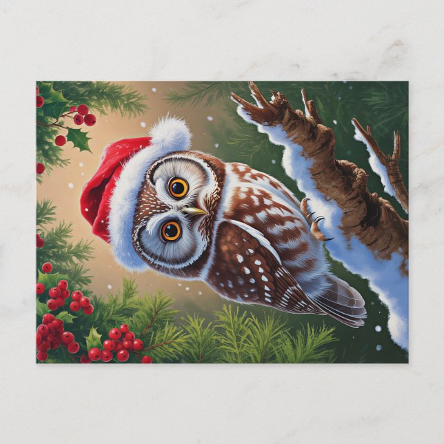 Tarjeta postal de búho con sombrero de Santa (Anverso)