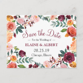 Tarjeta Postal de Burgundy Awatercolor Floral Save