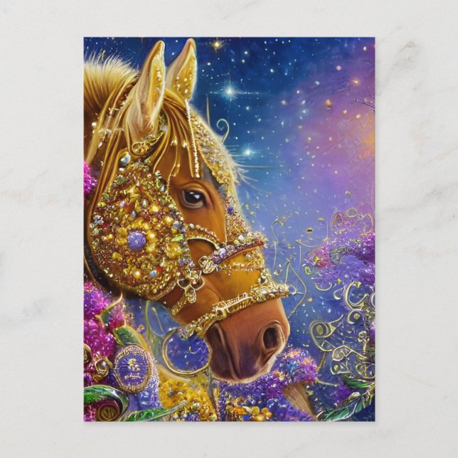 Tarjeta postal de caballo de fantasía con piedras  (Anverso)