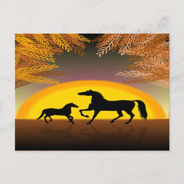tarjeta postal de caballos al atardecer (Anverso)