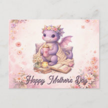 Tarjeta postal de café de mamá dragona acogedora y