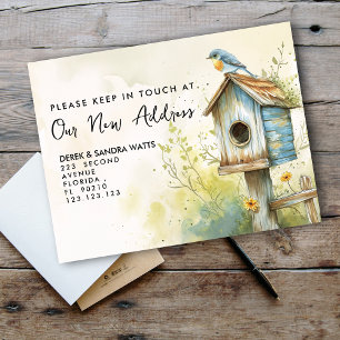 Tarjeta postal de cajas de pájaros “Nos hemos muda