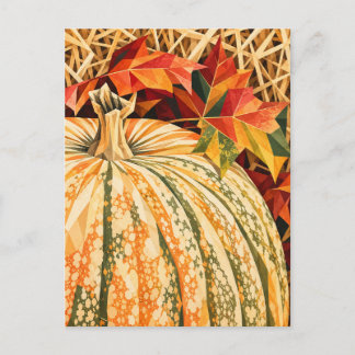 Tarjeta postal de calabaza blanca y hojas de otoño