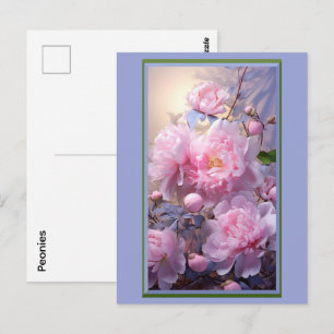 Tarjeta postal de capullos y flores de peonía rosa