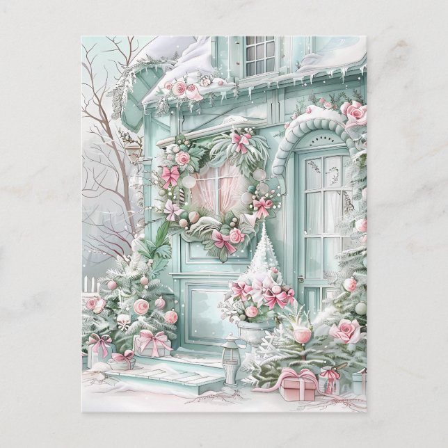 Tarjeta postal de casa de Navidad con menta y rosa (Anverso)