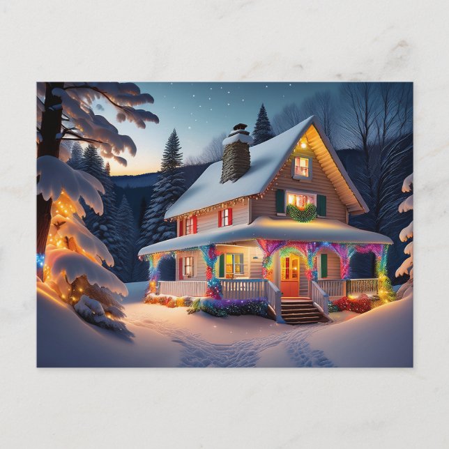 Tarjeta postal de casa de Navidad decorada con her (Anverso)