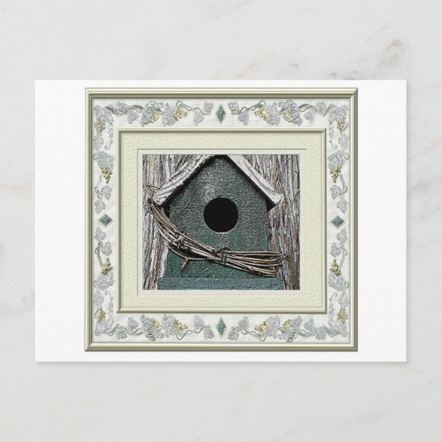 Tarjeta postal de casa para pájaros.  Nueva casa,  (Anverso)