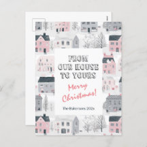 Tarjeta postal de casas de época con Navidades de 