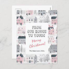 Tarjeta postal de casas de época con Navidades de 