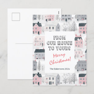 Tarjeta postal de casas de época con Navidades de