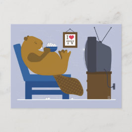 Tarjeta postal de castor viendo TV