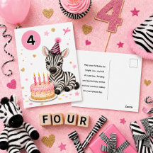 Tarjeta postal de cebra dulce para el 4º cumpleaño