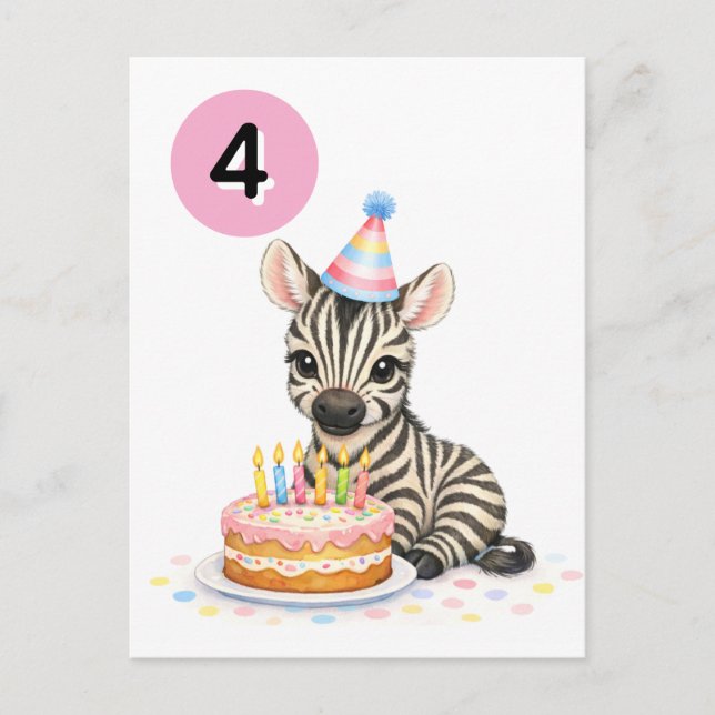 Tarjeta postal de cebra dulce para el 4º cumpleaño (Anverso)