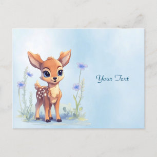 Tarjeta postal de ciervo bebé con flores azules a