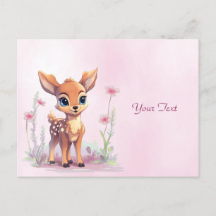 Tarjeta postal de ciervo bebé con flores rosas en