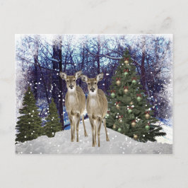 Tarjeta postal de ciervos y árbol de Navidad en un