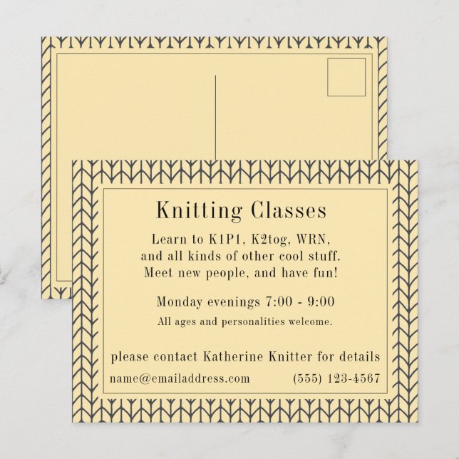Tarjeta postal de "clases de punto" de KNIT de CRE (Anverso / Reverso)